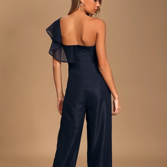 Lulu Off the Charts Navy Blue Grid Print Mesh One-Shoulder Jumpsuit - Picture 3 of 9